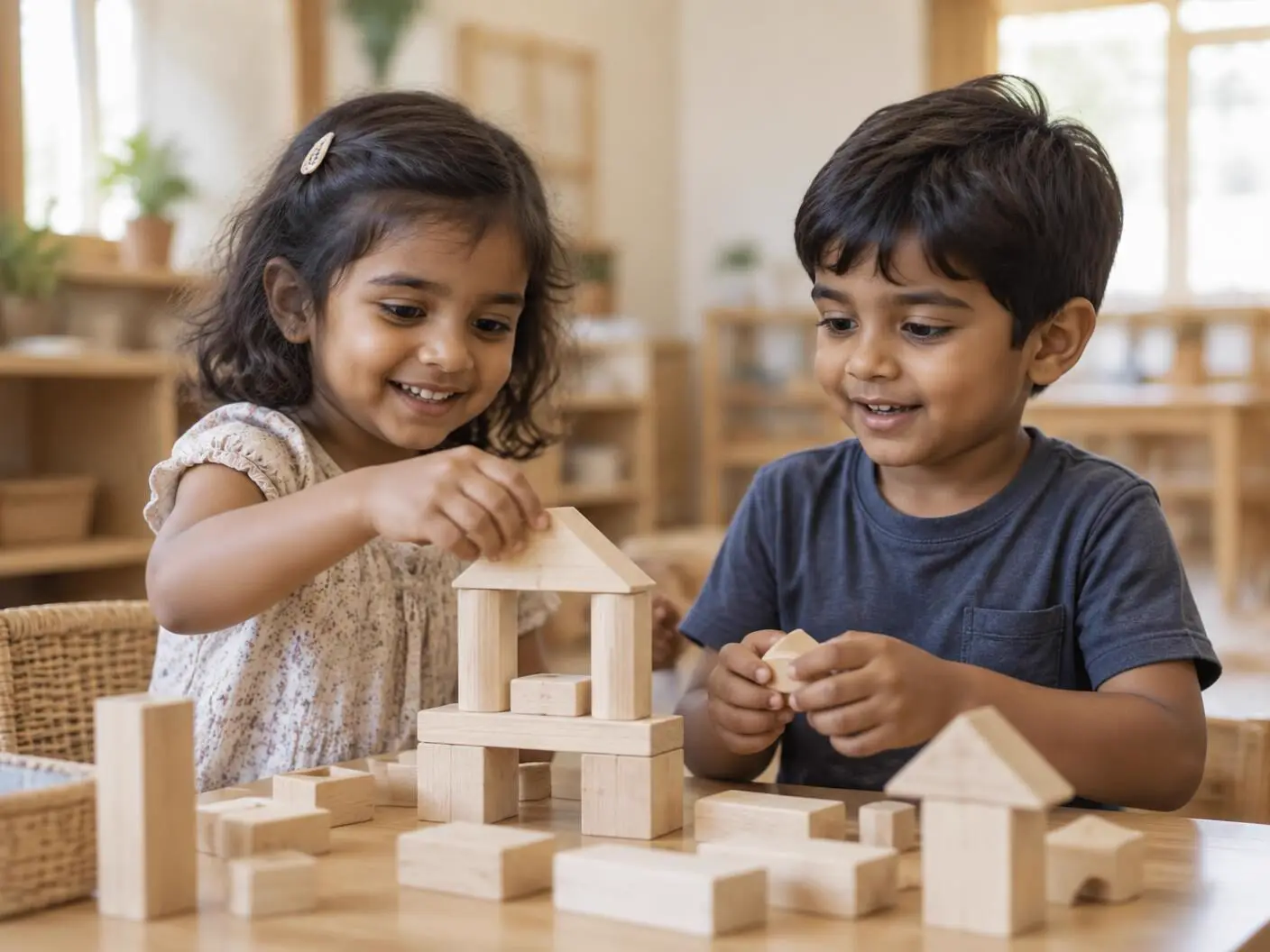 Two young Indian children smiling as they build a house from wooden blocks in a bright classroom